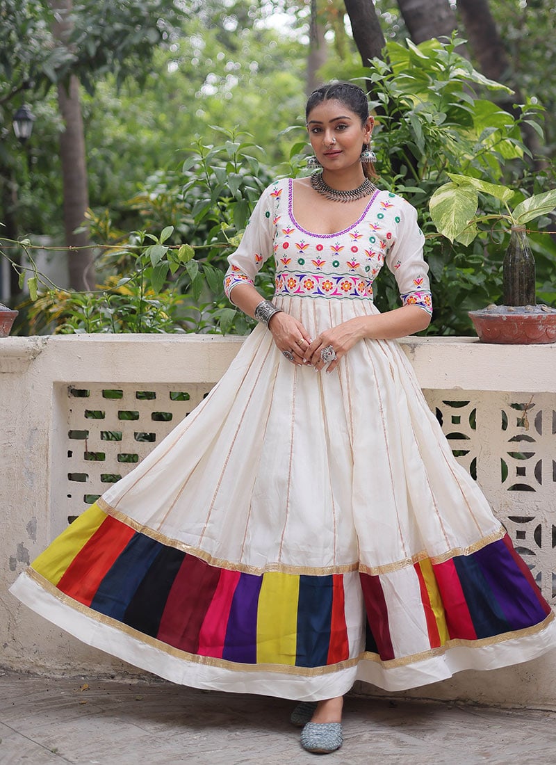 White Roman Silk Mirror Work Gota Lace Kutch Work Anarkali Gown