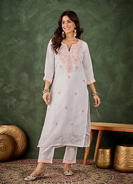 White Roman Silk Thread Embroidered Kurta Straight Pant Set