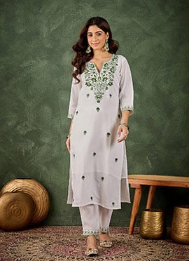 White Roman Silk Thread Embroidered Kurta Straight Pant Set