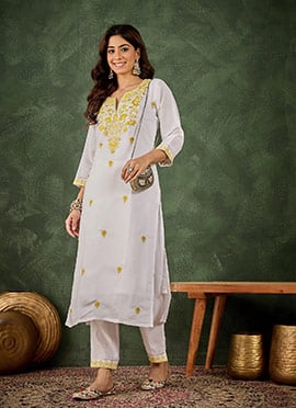 White Roman Silk Thread Embroidered Kurta Straight Pant Set