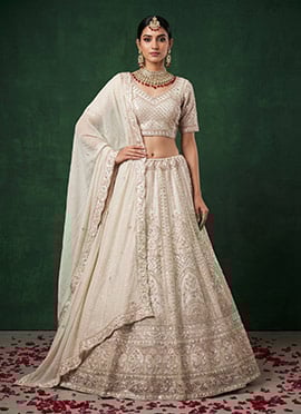 White Satin Blend Embroidered Sequins Stones Umbrella Lehenga