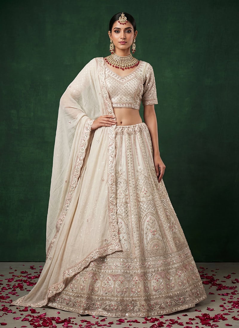 White Satin Blend Embroidered Sequins Stones Umbrella Lehenga Wedding Wear