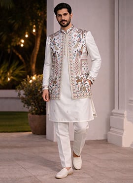 White Satin Embroidered Bandi Set With Kurta And Straight Pant For Men