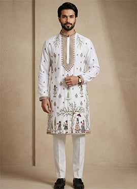 White Satin Embroidered Kurta Pyjama For Men