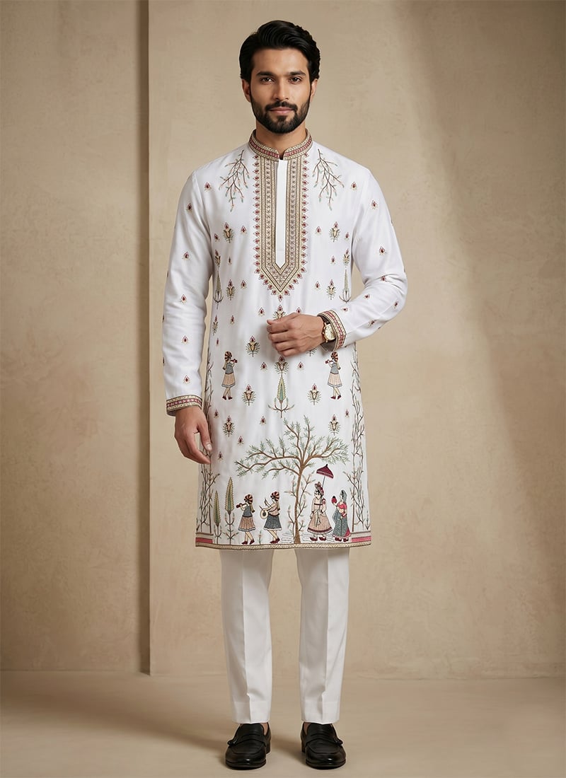 White Satin Embroidered Kurta Pyjama For Men Festive Wear