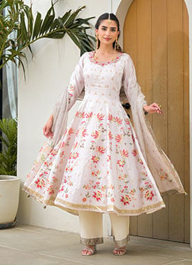 White Satin Silk Digital Foil Print Hand Embroidered Anarkali Suit