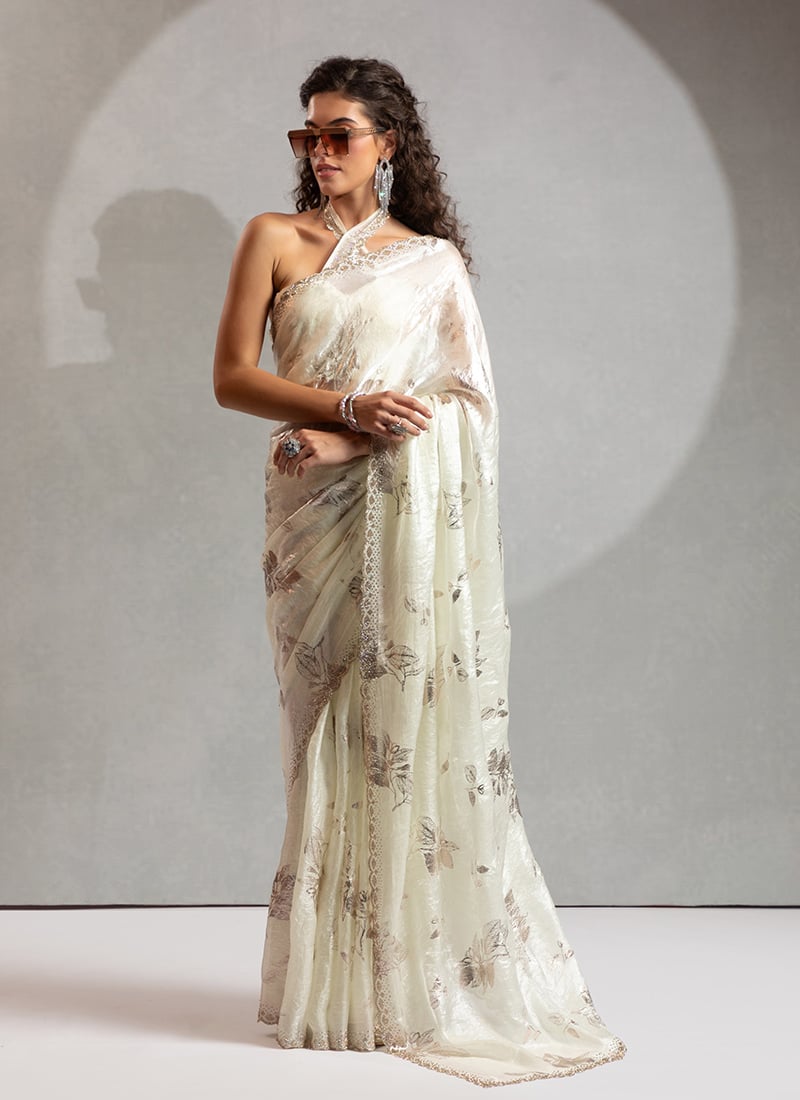 White Satin Silk Foil Print With Stone Work Saree Festive Wear-SASMS1047E
