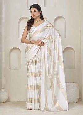 White Satin Silk Tikki Work Saree