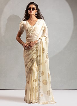 White Satin Silk Zari Work With Zarkan Stone Saree Festive Wear