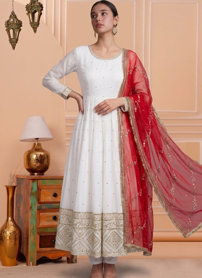 White Sequins Embroidered Chinon Anarkali Suit After Six Wear
