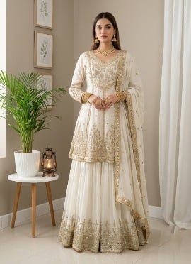 White Sequins Embroidered Chinon Palazzo Suit