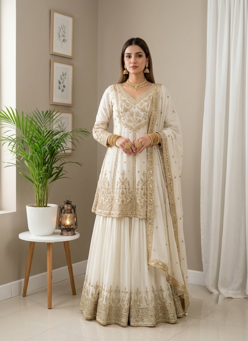 White Sequins Embroidered Chinon Palazzo Suit After Six Wear
