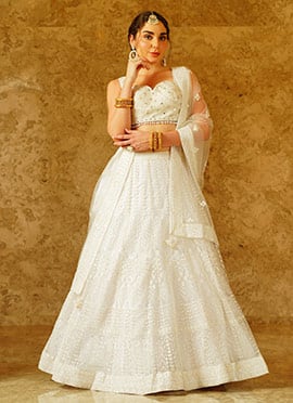 White Sequins Thread Embroidered Stylish Umbrella Lehenga Wedding Wear
