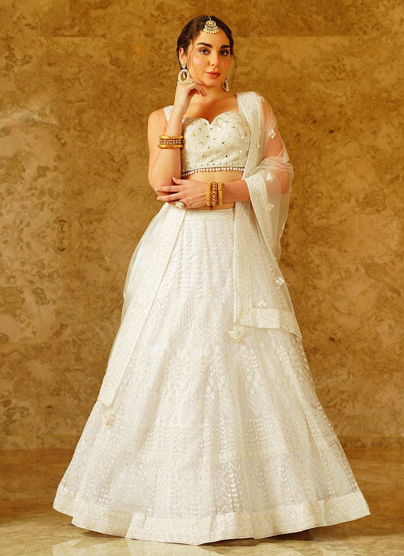 White Sequins Thread Embroidered Stylish Umbrella Lehenga Wedding Wear