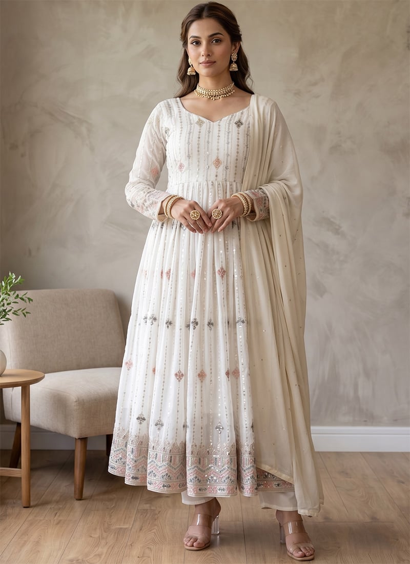 White Sequins Zari Georgette Anarkali Suit Festive Wear