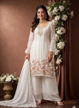 White Silk Beads Embellished Palazzo Suit