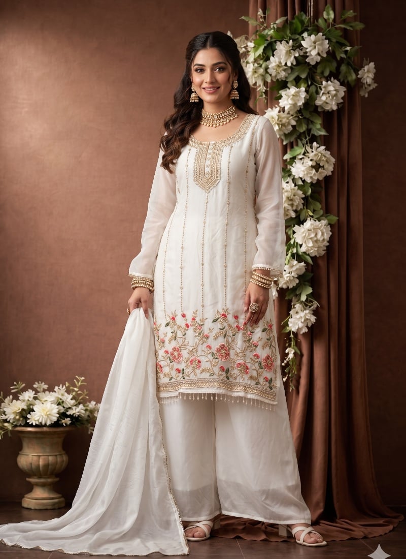 White Silk Beads Embellished Palazzo Suit After Six Wear