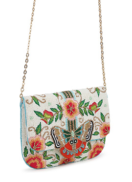White Silk Beads Embossed Butterfly Clutch