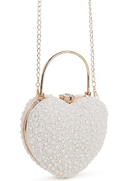 White Silk Beads Embossed Clutch