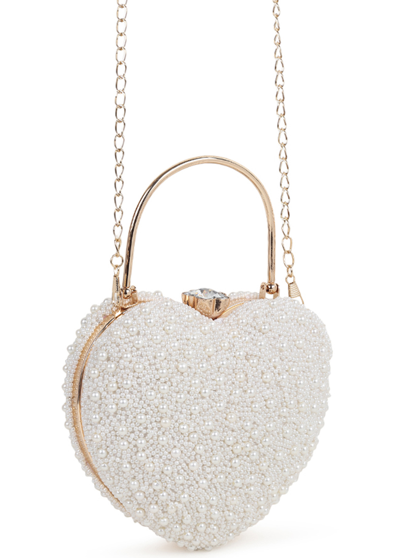 White Silk Beads Embossed Clutch Wedding Wear