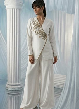 White Silk Beads Hand Embroidered Indowestern Angrakha Palazzo Set