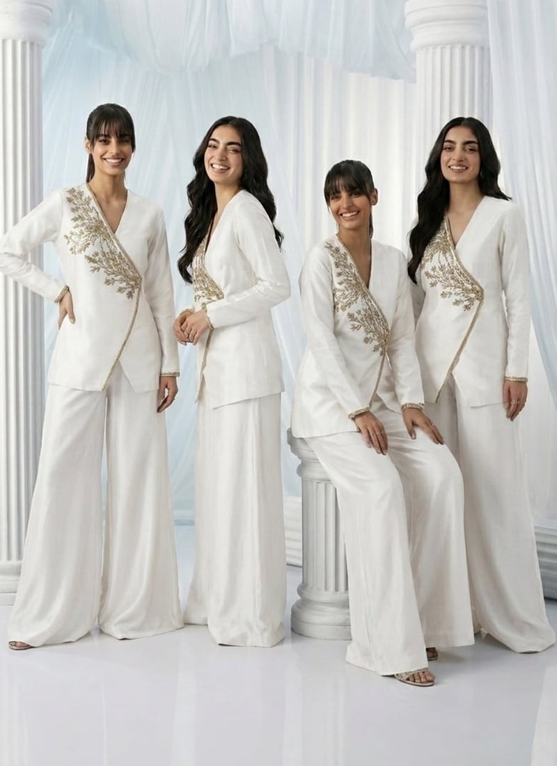 White Silk Beads Hand Embroidered Indowestern Angrakha Palazzo Set Wedding Wear