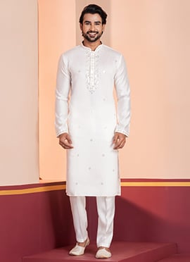 White Silk Cotton Sequins Kurta Pyjama