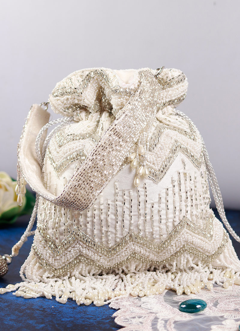 White Silk Cut Dana Potli Embossed With Beads And Moti