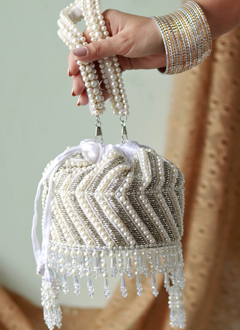 White Silk Cut Dana Potli Embossed With Beads And Moti