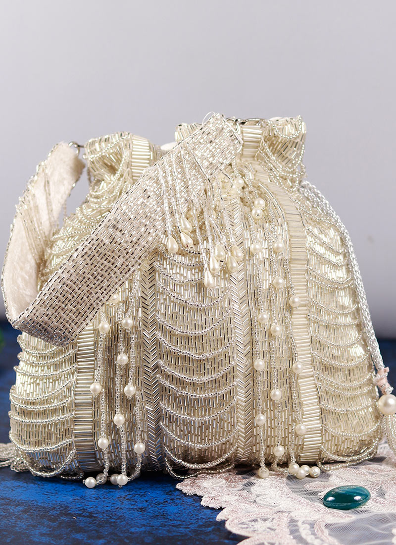 White Silk Cut Dana Potli Embossed With Beads And Moti Party Wear