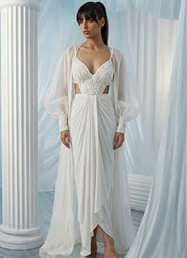 White Silk Cut Dana Zarkan Hand Embroidered Indowestern Skirt Jacket Set