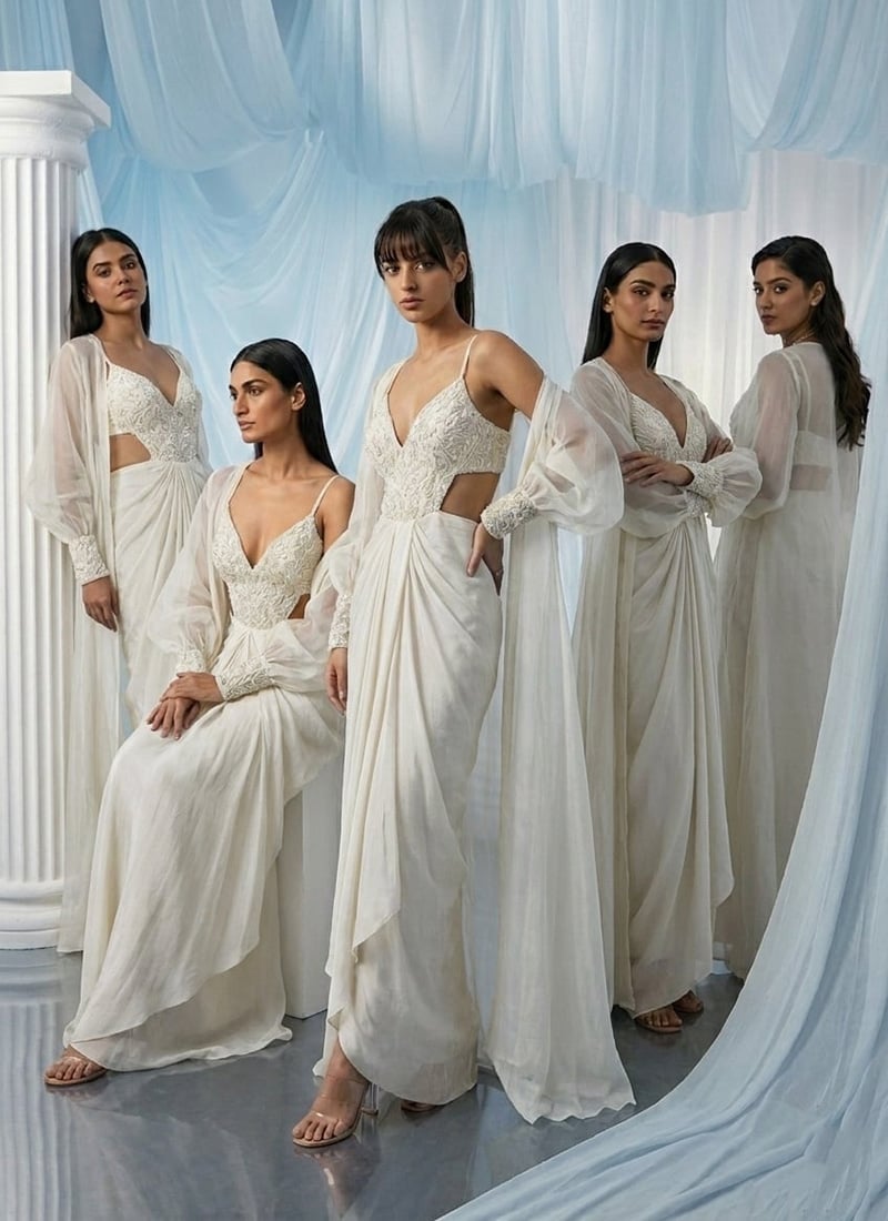 White Silk Cut Dana Zarkan Hand Embroidered Indowestern Skirt Jacket Set Wedding Wear
