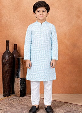 White Silk Digital Print Kids Boys Kurta Pyjama