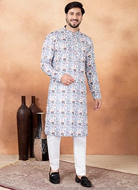 White Silk Digital Print Kurta Pyjama