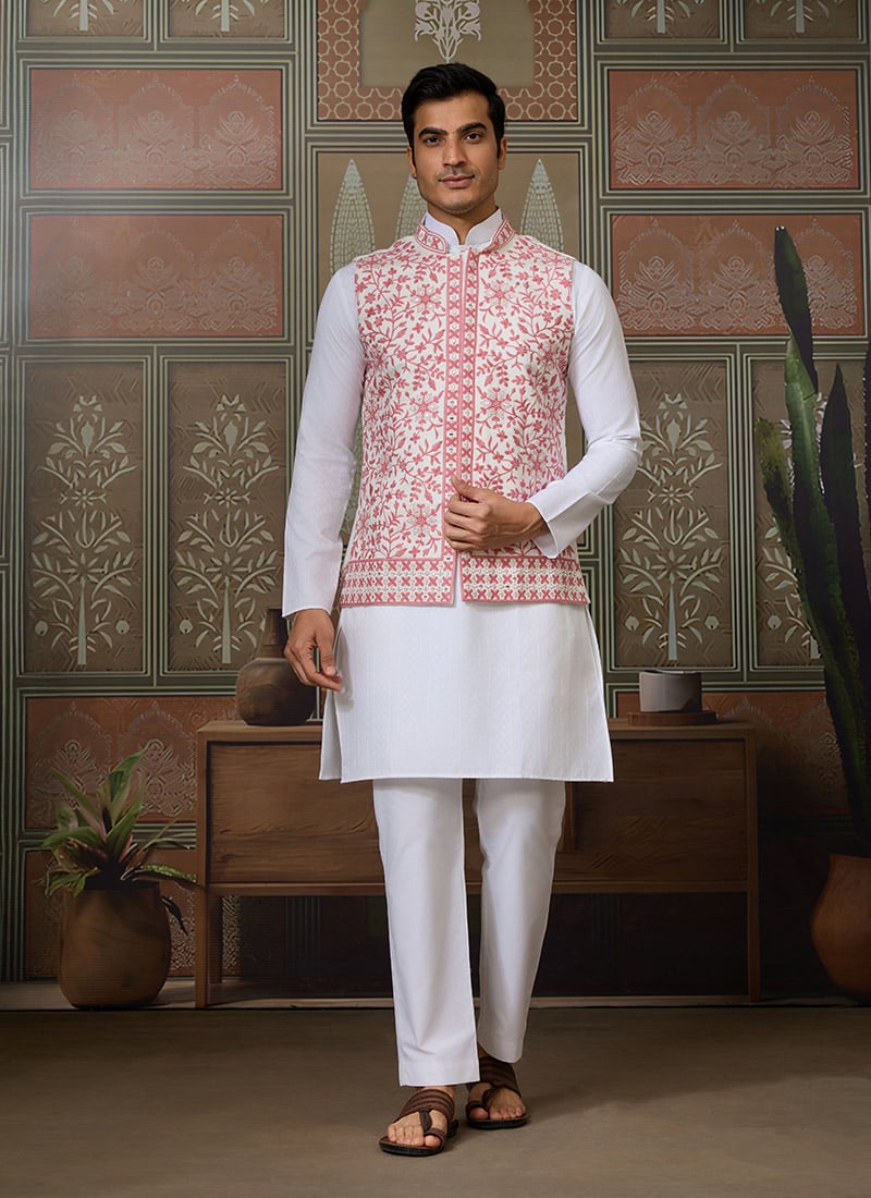 White Silk Embroidered And Mirror Work Thread Bandi Set Festive Wear