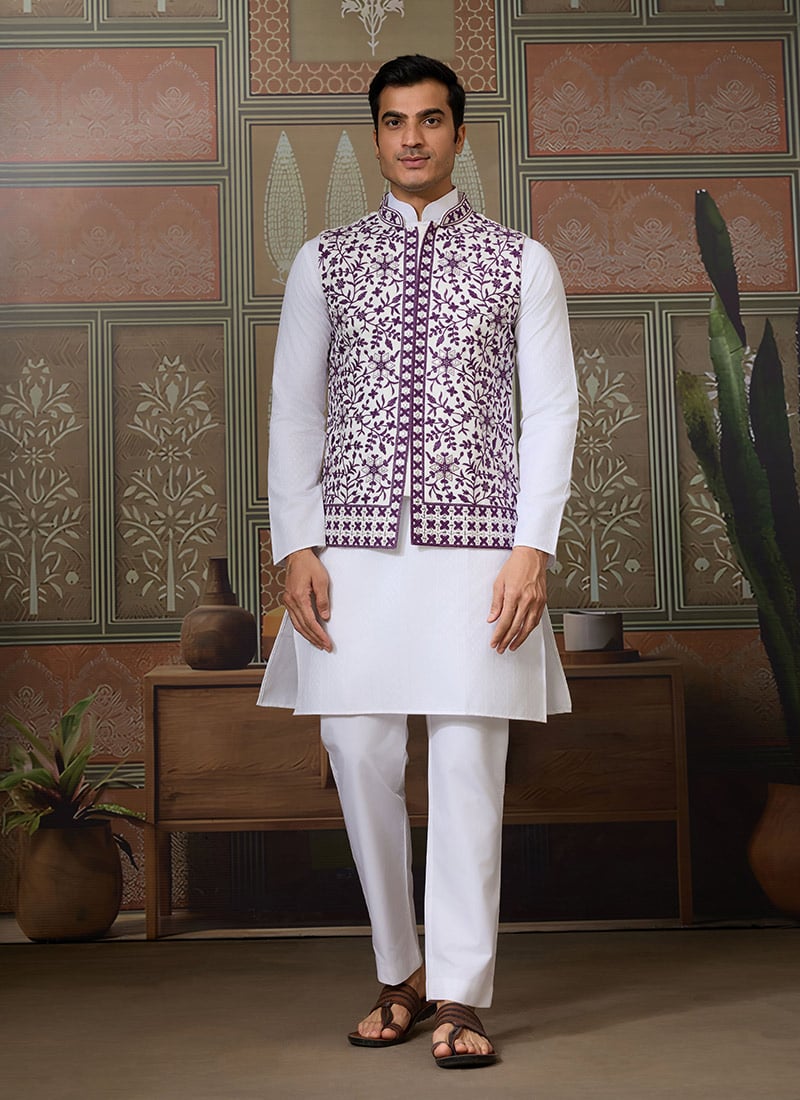 White Silk Embroidered And Mirror Work Thread Bandi Set Festive Wear