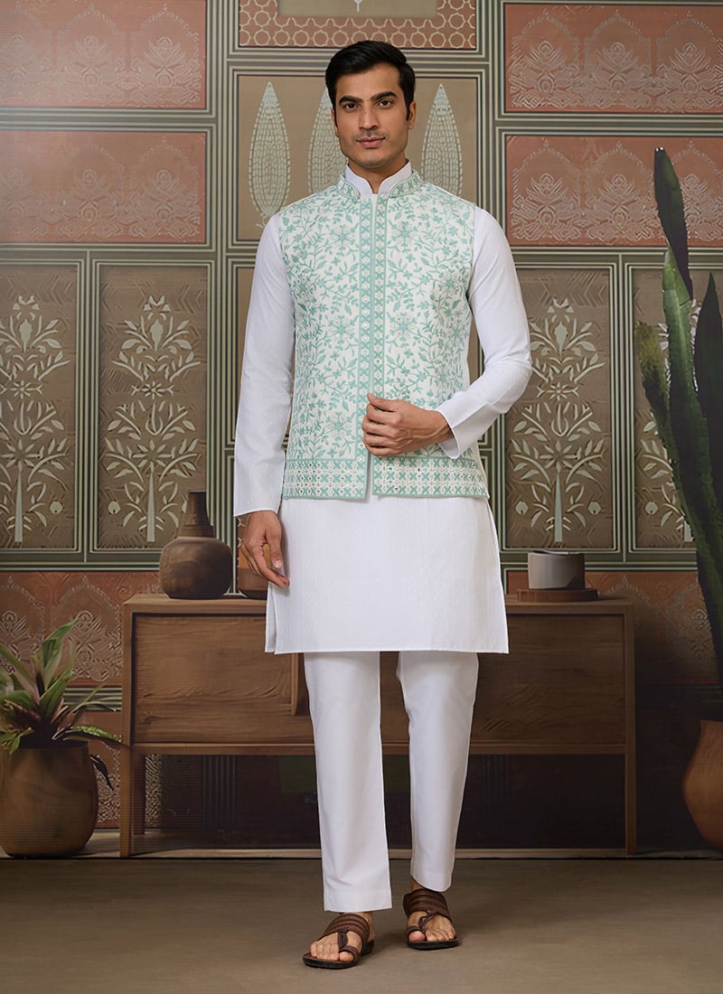 White Silk Embroidered And Mirror Work Thread Bandi Set Festive Wear