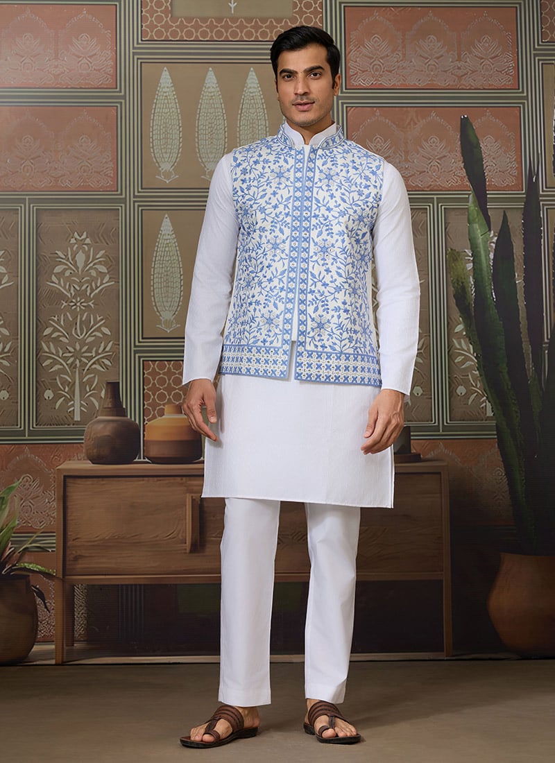 White Silk Embroidered And Mirror Work Thread Bandi Set Festive Wear