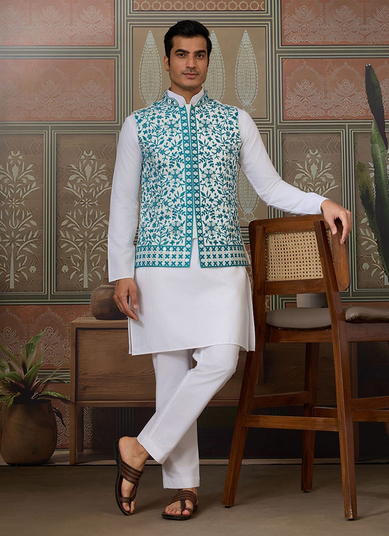 White Silk Embroidered And Mirror Work Thread Bandi Set Festive Wear