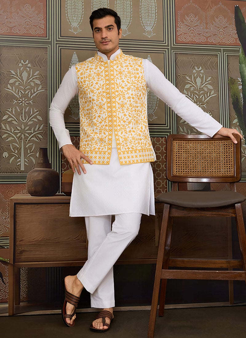White Silk Embroidered And Mirror Work Thread Bandi Set Festive Wear