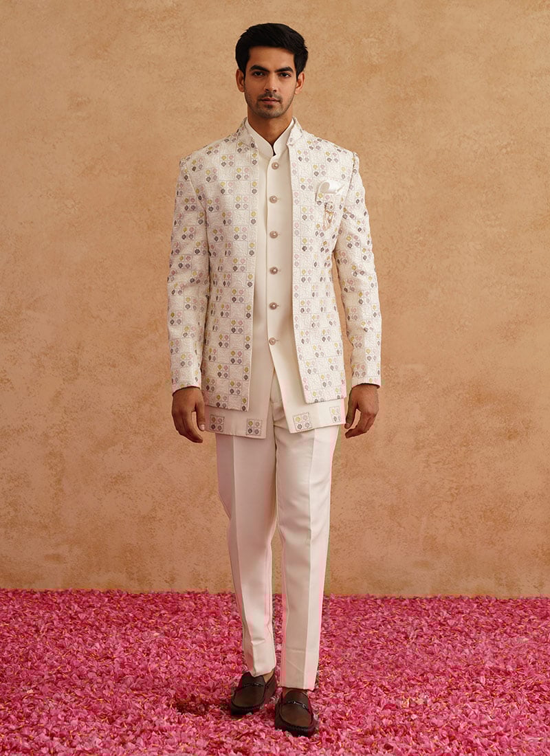 White Silk Embroidered Beads Hand Work Jodhpuri Bandhgala Suit Wedding Wear