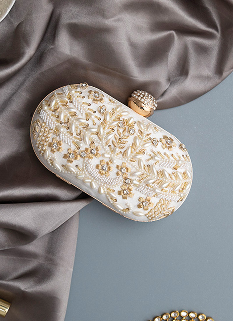 White Silk Embroidered Clutch Embossed With Moti And Sequins Party Wear