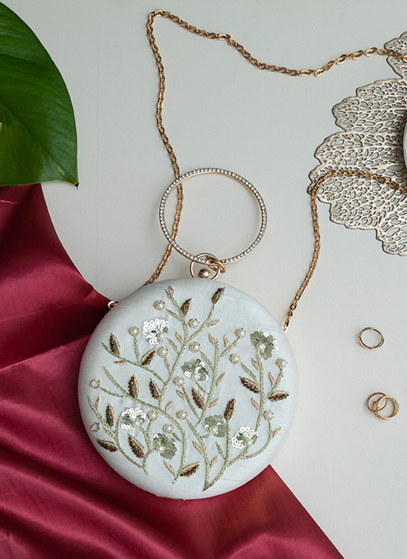 White Silk Embroidered Clutch Embossed With Moti And Sequins Party Wear