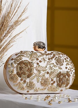 White Silk Embroidered Clutch With Embossed Beads