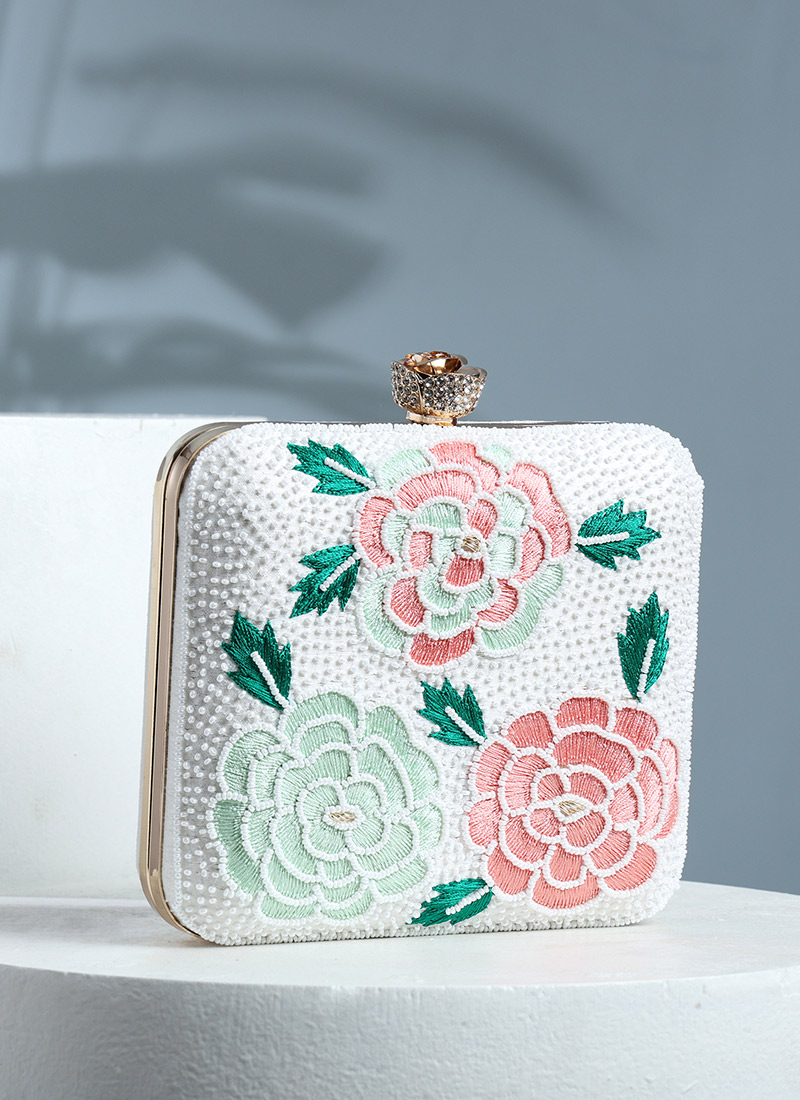 White Silk Embroidered Clutch With Embossed Beads Party Wear