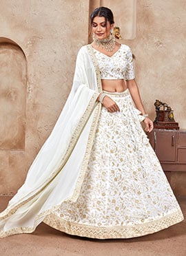 White Silk Embroidered Elegant Lehenga