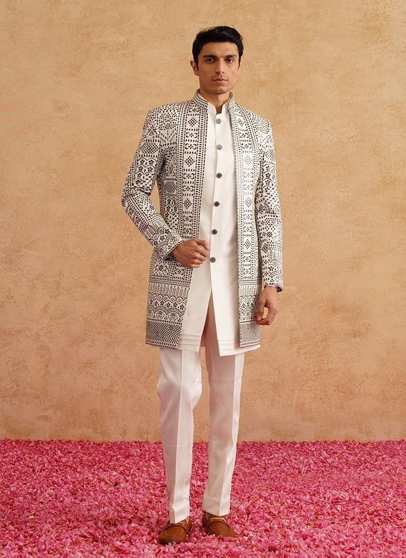 White Silk Embroidered Indowestern Sherwani Wedding Wear