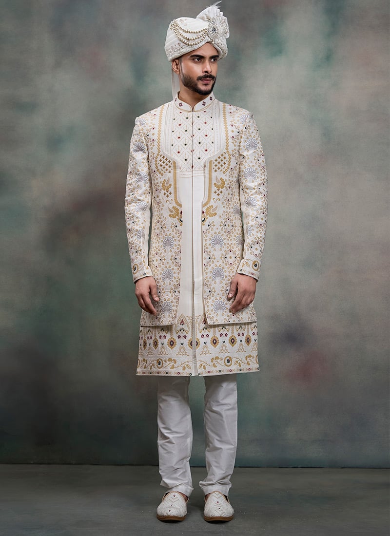 White Silk Embroidered Jacquard Thread Indowestern Sherwani Wedding Wear