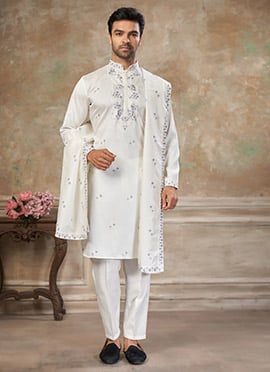 White Silk Embroidered Kurta Pyjama For Men