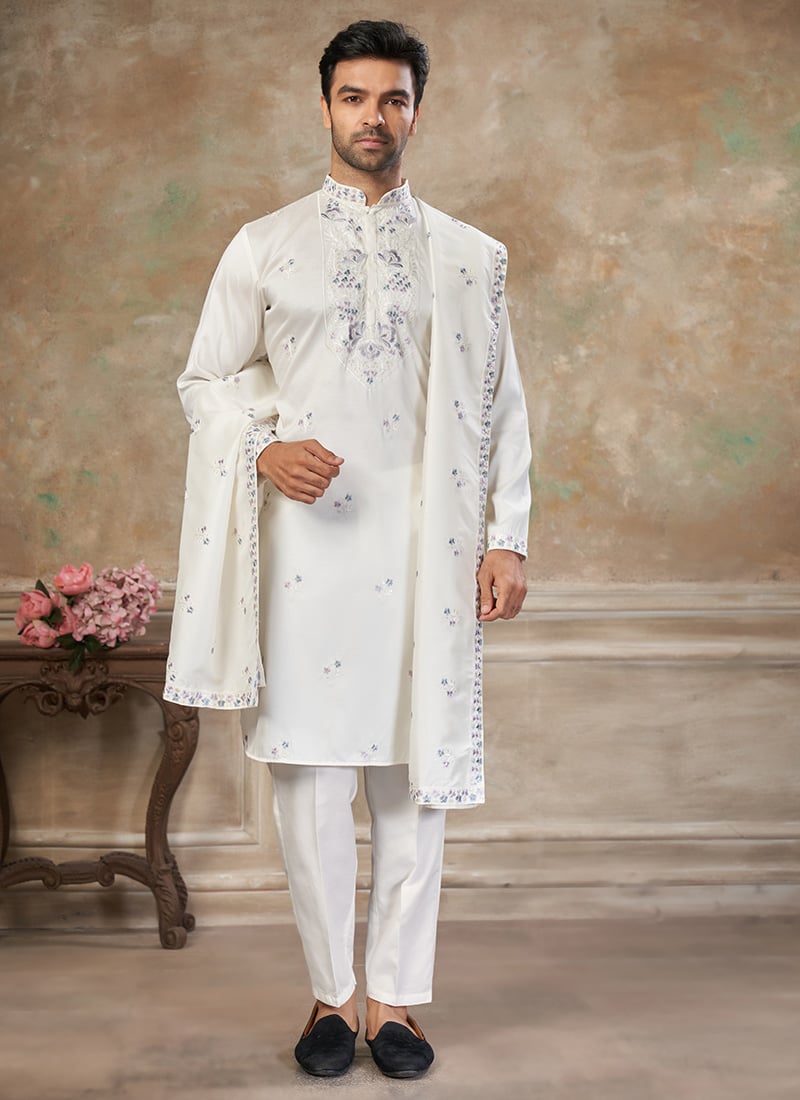 White Silk Embroidered Kurta Pyjama For Men Festive Wear